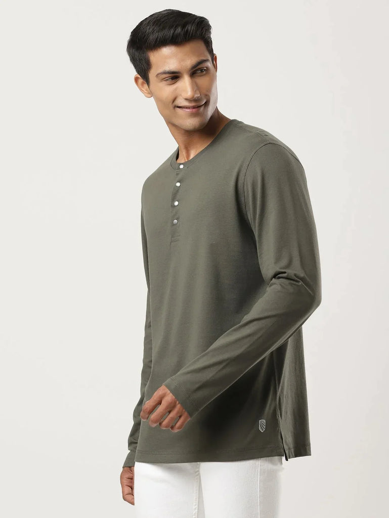 Deep Olive JOCKEY Men's Solid Full Sleeve Henley T-Shirt 