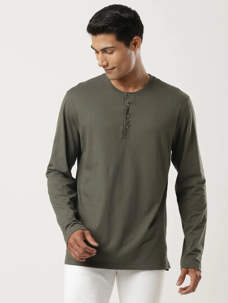 Deep Olive JOCKEY Men's Solid Full Sleeve Henley T-Shirt 