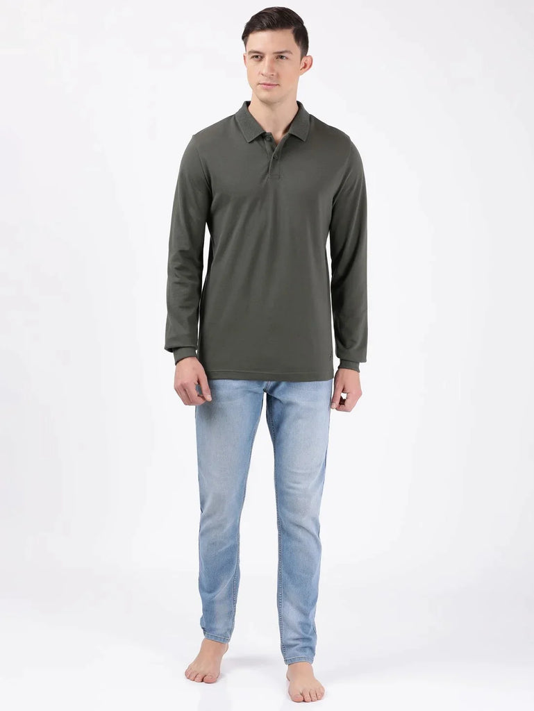 Deep Olive JOCKEY Men's Solid Full Sleeve Polo T-Shirt