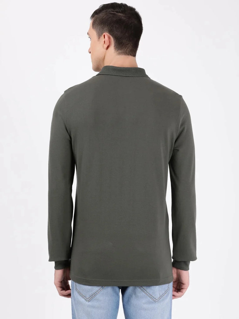 Deep Olive JOCKEY Men's Solid Full Sleeve Polo T-Shirt