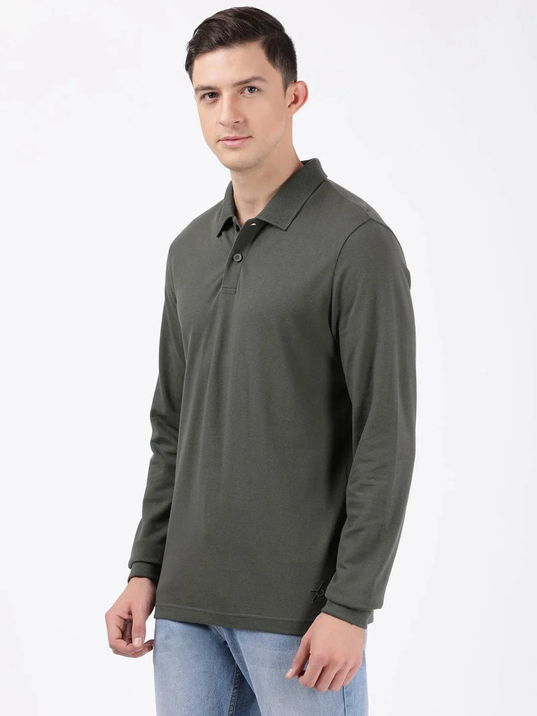 Deep Olive JOCKEY Men's Solid Full Sleeve Polo T-Shirt