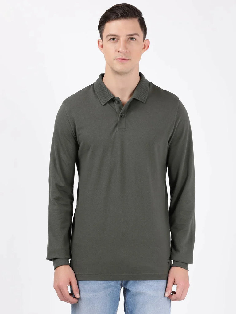 Deep Olive JOCKEY Men's Solid Full Sleeve Polo T-Shirt