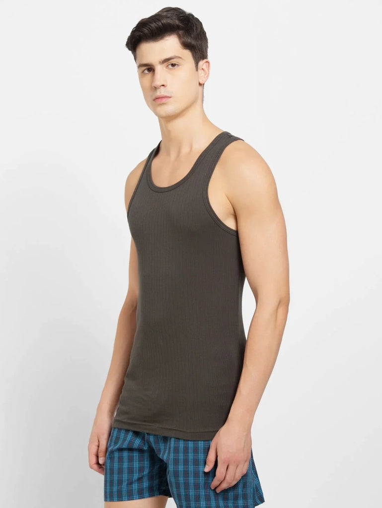 Deep Olive Jockey Cotton Rib Racer Gym Vest for Men