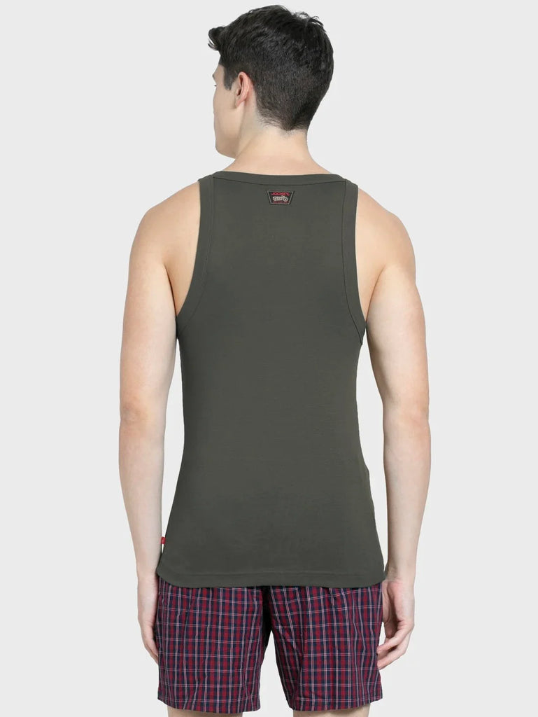 Deep Olive Jockey Cotton Rib Square Neckline Gym Vest  for Men