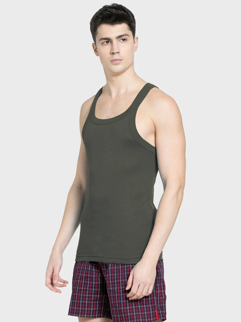 Deep Olive Jockey Cotton Rib Square Neckline Gym Vest  for Men