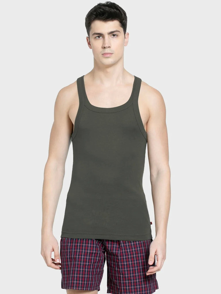 Deep Olive Jockey Cotton Rib Square Neckline Gym Vest  for Men