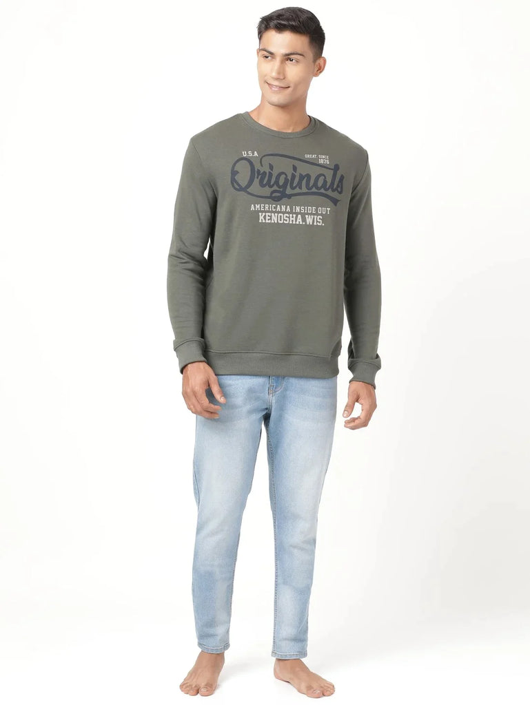 Deep Olive JOCKEY Men's Super Combed Cotton French Terry Printed Sweatshirt 