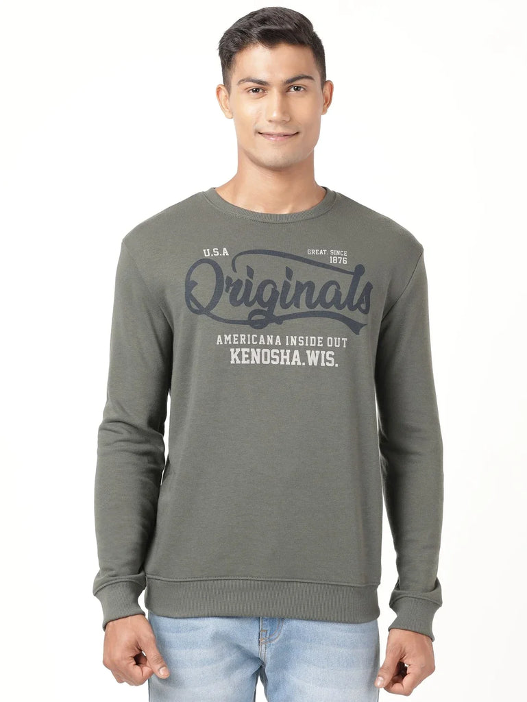 Deep Olive JOCKEY Men's Super Combed Cotton French Terry Printed Sweatshirt 