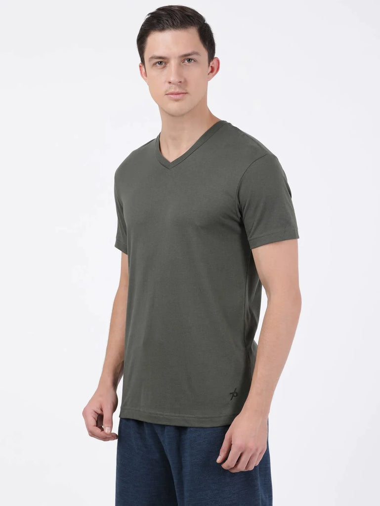 Deep Olive JOCKEY Men's Solid V Neck Half Sleeve T-Shirt