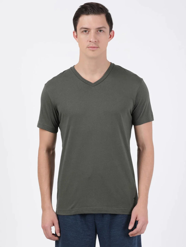 Deep OliveJOCKEY Men's Solid V Neck Half Sleeve T-Shirt