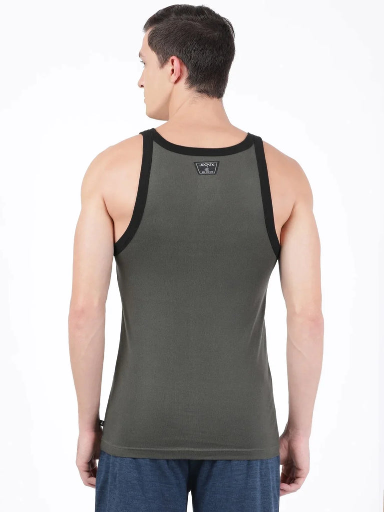 Deep Olive with Assorted Bias Jockey Cotton Rib Square Neckline Gym Vest for Men