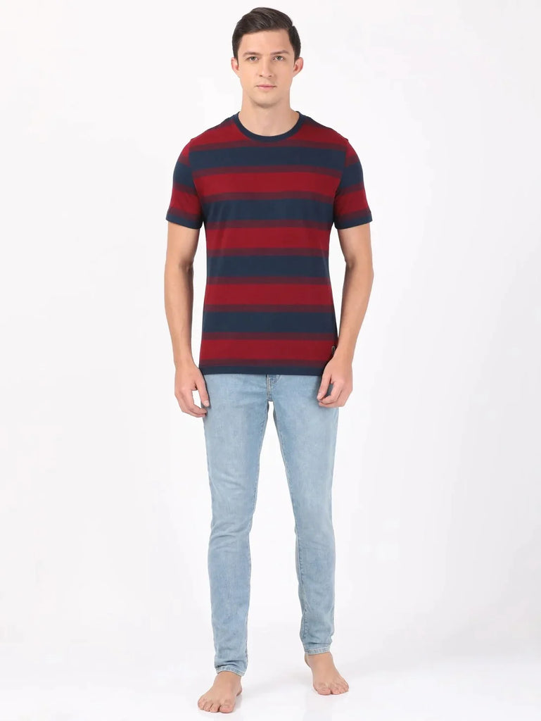 Deep Red & Navy JOCKEY Men's Striped Round Neck Half Sleeve T-Shirt