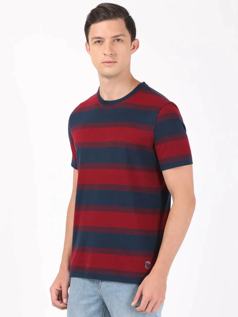 Deep Red & Navy JOCKEY Men's Striped Round Neck Half Sleeve T-Shirt