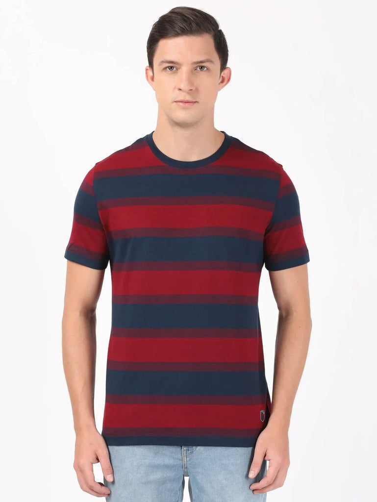 Deep Red & NavyJOCKEY Men's Striped Round Neck Half Sleeve T-Shirt