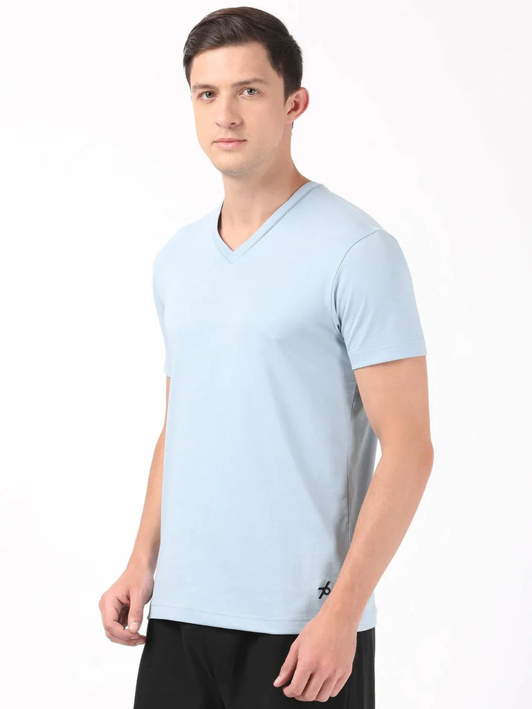 Dusty Blue JOCKEY Men's Solid V Neck Half Sleeve T-Shirt