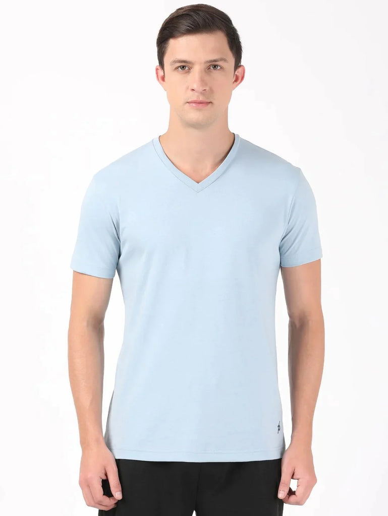 Dusty Blue JOCKEY Men's Solid V Neck Half Sleeve T-Shirt