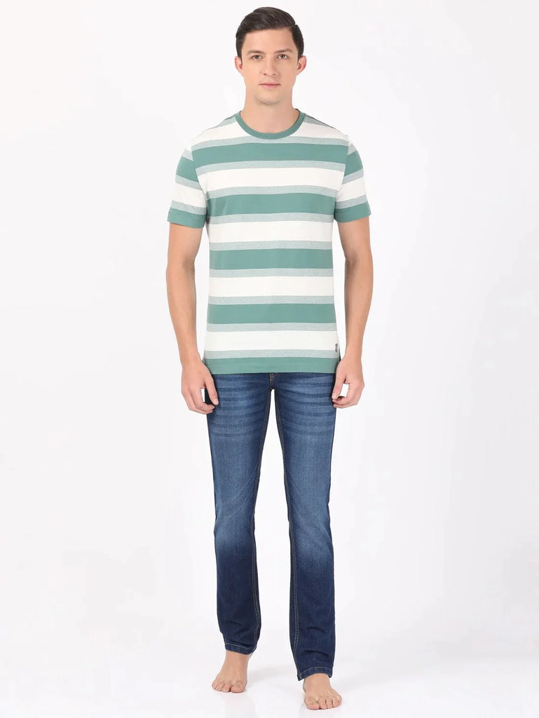 Ecru & Green Spruce JOCKEY Men's Striped Round Neck Half Sleeve T-Shirt