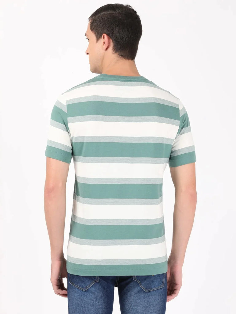 Ecru & Green Spruce JOCKEY Men's Striped Round Neck Half Sleeve T-Shirt