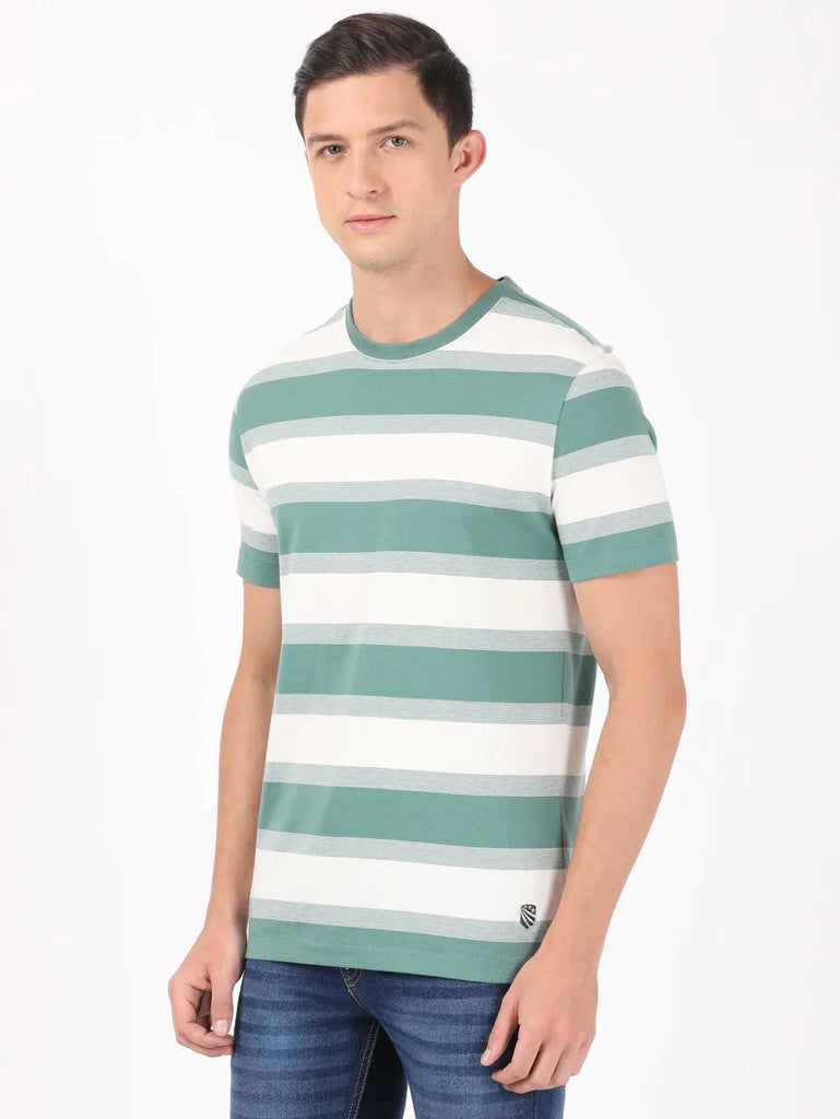 Ecru & Green Spruce JOCKEY Men's Striped Round Neck Half Sleeve T-Shirt