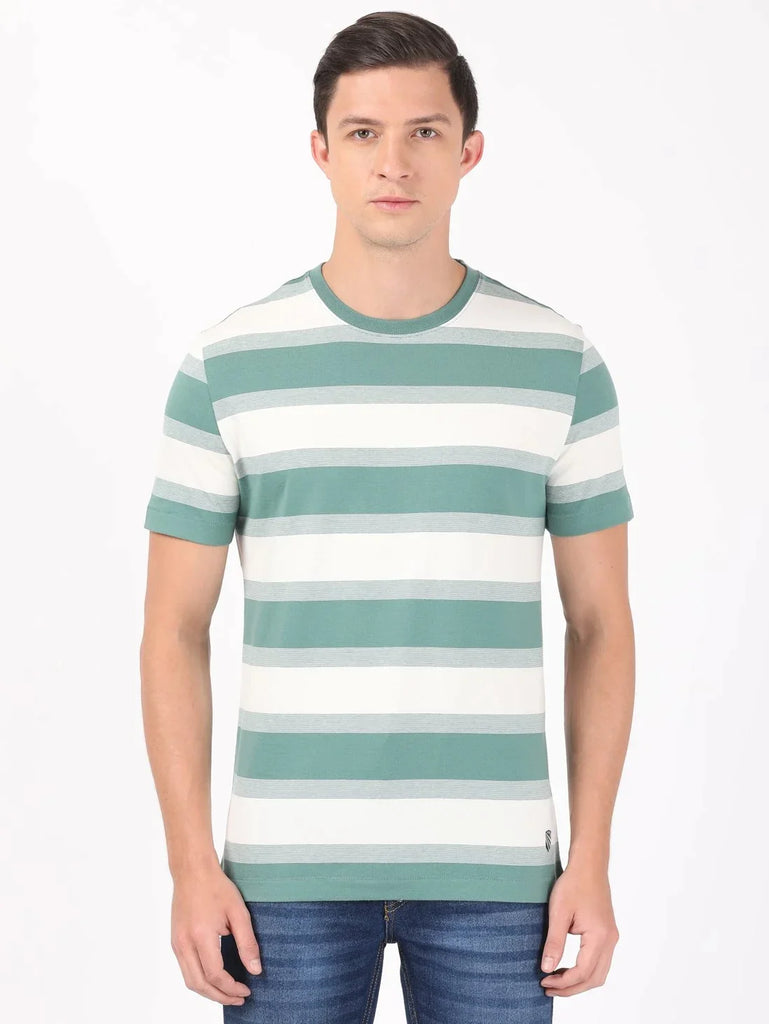 Ecru & Green Spruce JOCKEY Men's Striped Round Neck Half Sleeve T-Shirt