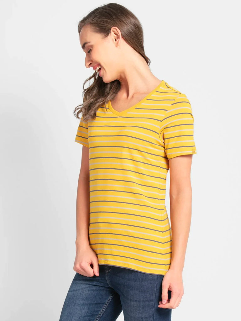 Golden Rod JOCKEY Women's Yarn Dyed Striped V Neck Half Sleeve T-Shirt 