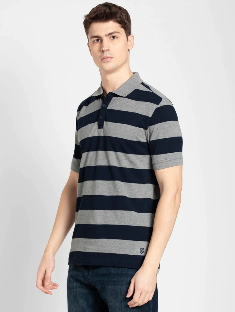 Grey Melange & Navy JOCKEY Men's Striped Polo T-Shirt