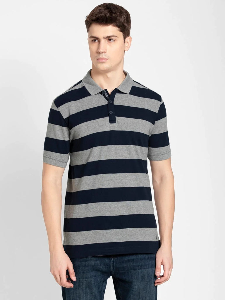 Grey Melange & Navy JOCKEY Men's Striped Polo T-Shirt