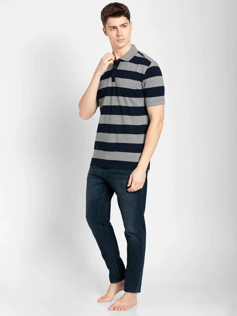 Grey Melange & Navy JOCKEY Men's Striped Polo T-Shirt