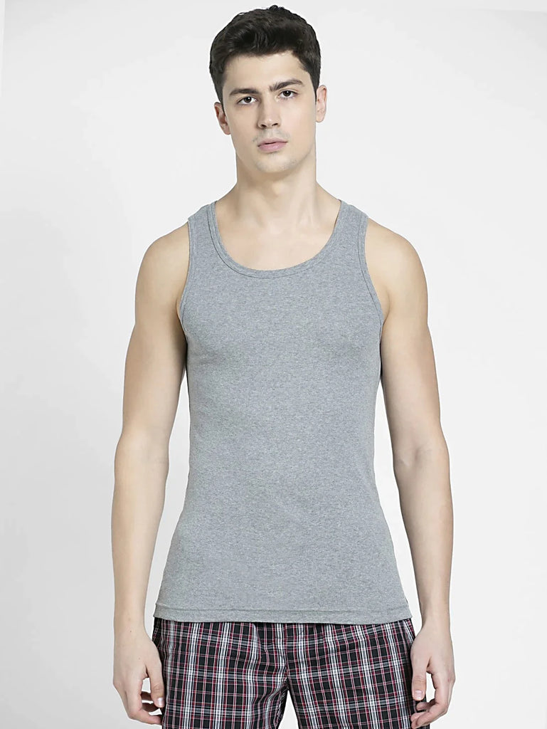 Grey Melange & Teal Green Jockey Cotton Rib Round Neck Sleeveless Vest for Men