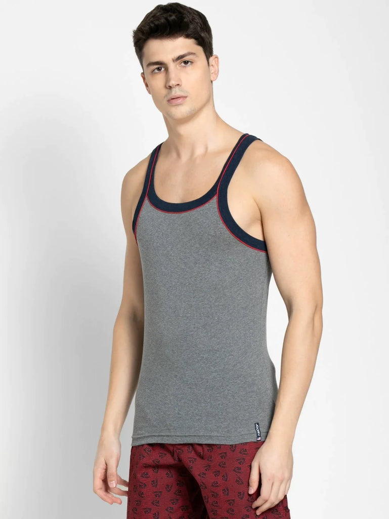 Grey Melange & Ink Blue Jockey Cotton Rib Square Neckline Gym Vest  for Men