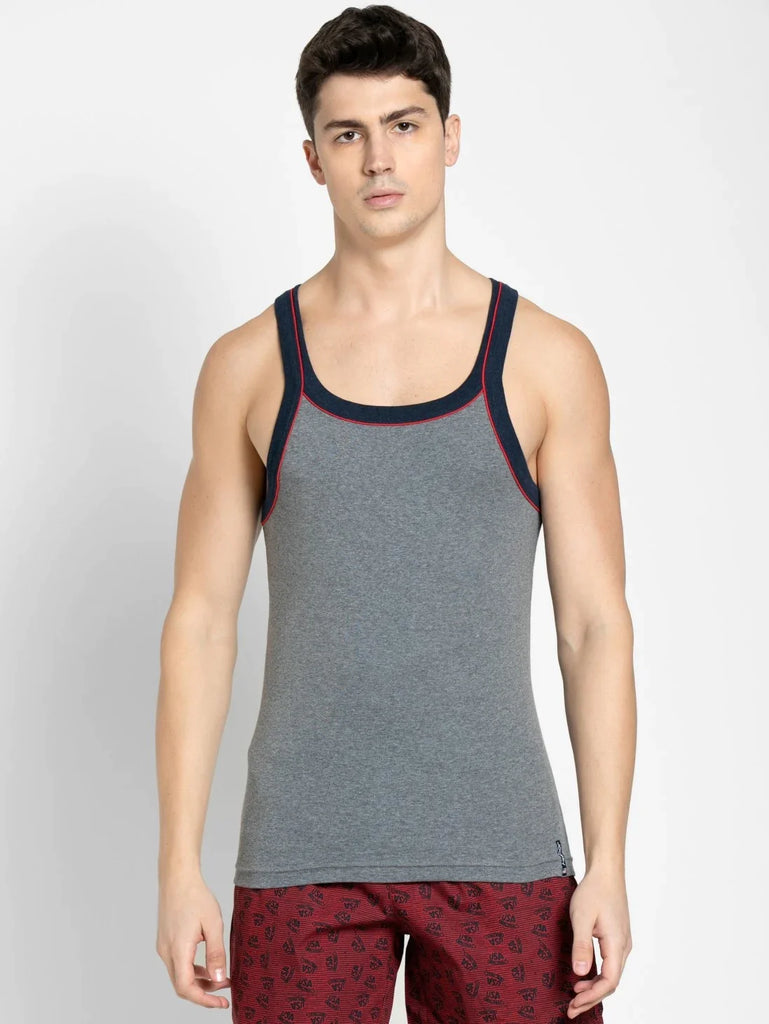 Grey Melange & Ink Blue Jockey Cotton Rib Square Neckline Gym Vest  for Men