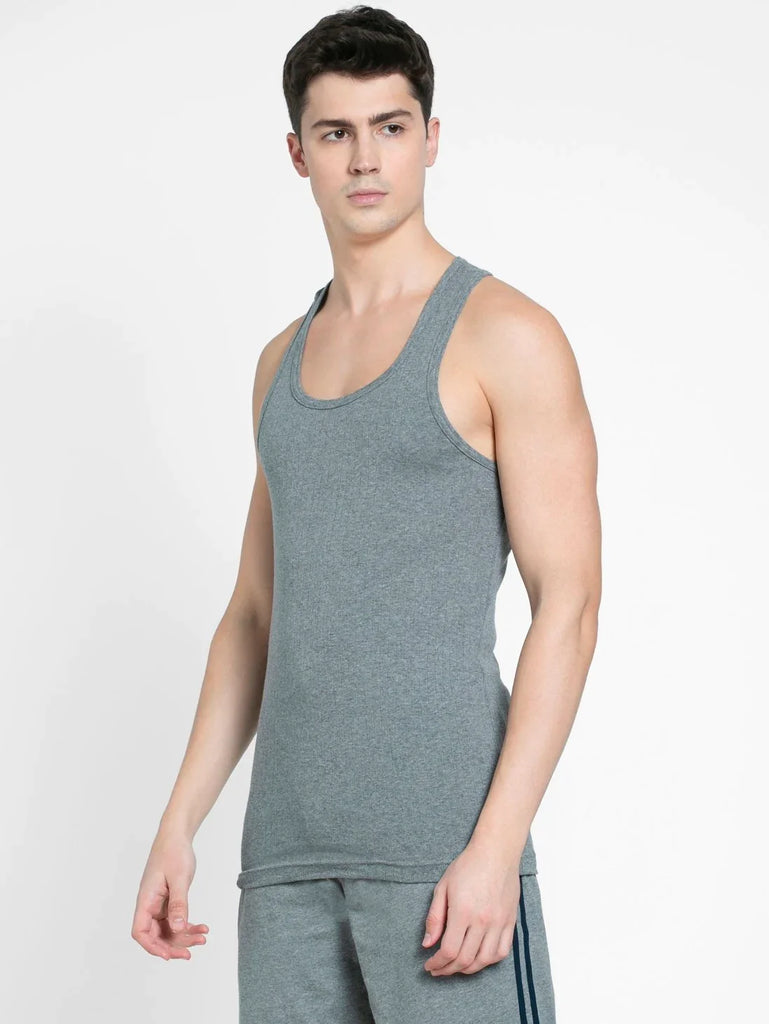 Grey Melange Jockey Cotton Rib Racer Gym Vest for Men