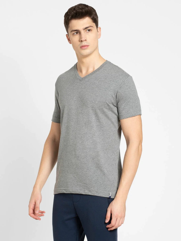 Grey Melange JOCKEY Men's Solid V Neck Half Sleeve T-Shirt