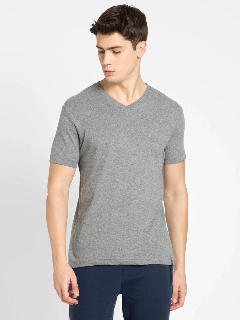 Grey Melange JOCKEY Men's Solid V Neck Half Sleeve T-Shirt