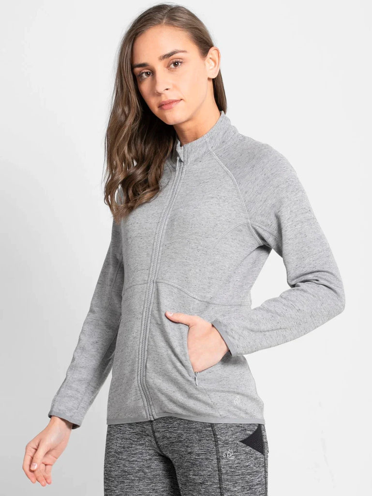 Grey Snow Melange JOCKEY Women's Polyester Slim Fit Full Zip High Neck Jacket 