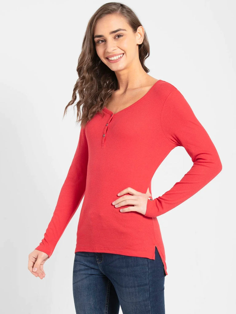 Hibiscus JOCKEY Women's Solid V Neck Henley Styled Full Sleeve T-Shirt