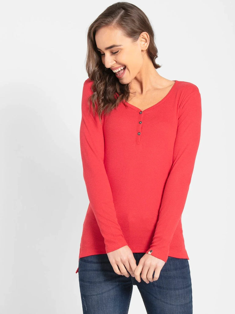 Hibiscus JOCKEY Women's Solid V Neck Henley Styled Full Sleeve T-Shirt