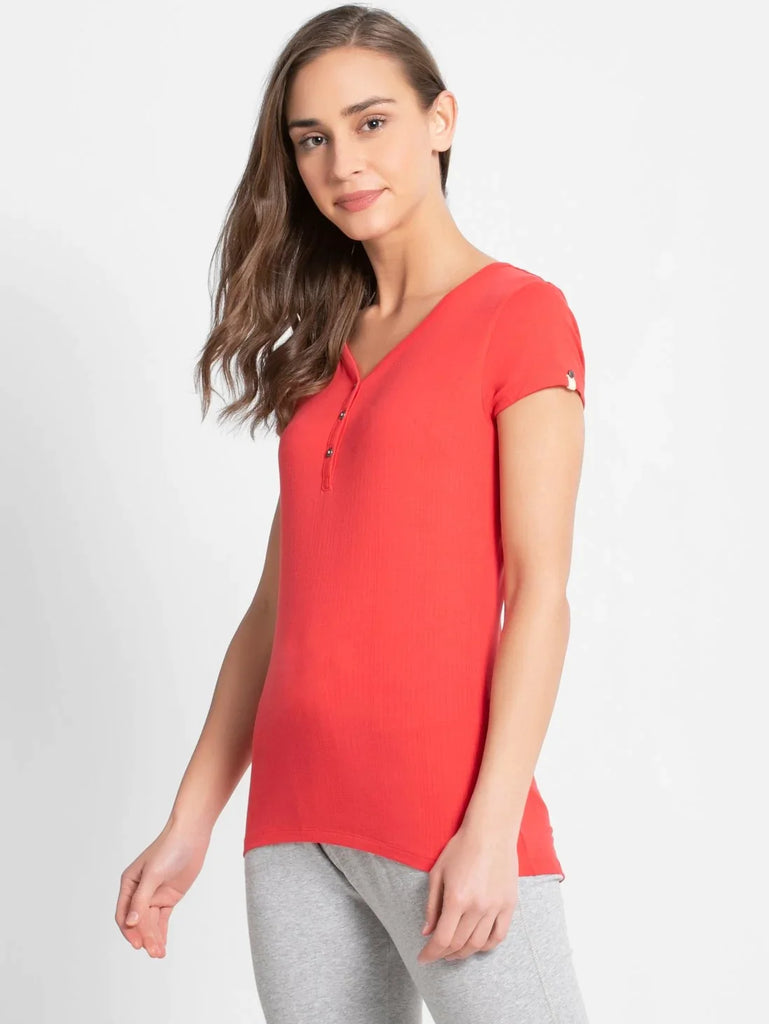 Hibiscus JOCKEY Women's Solid V Neck Henley Styled Half Sleeve T-Shirt