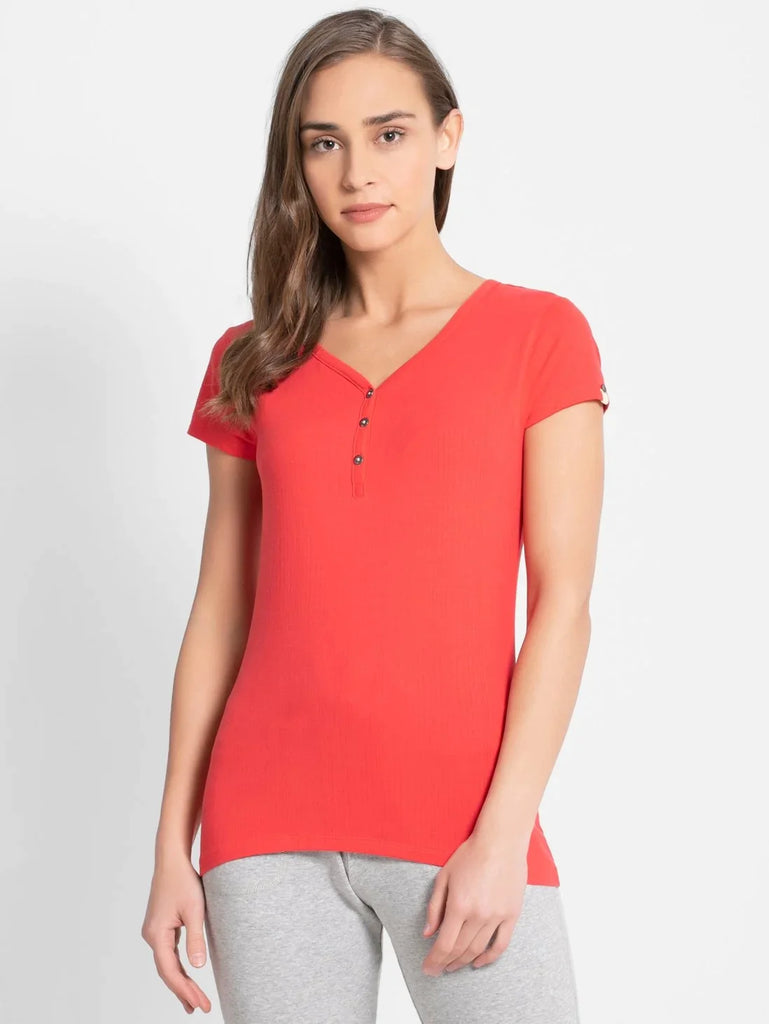 Hibiscus JOCKEY Women's Solid V Neck Henley Styled Half Sleeve T-Shirt