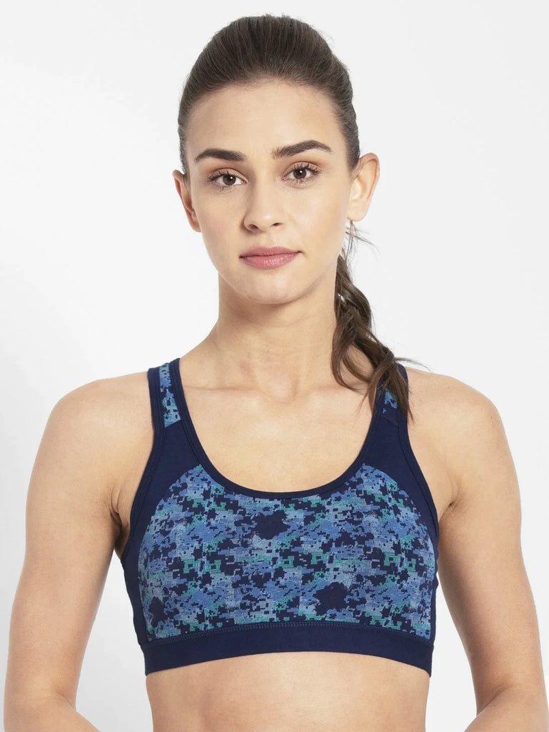 Imperial Blue Assorted Prints JOCKEY Women's Wirefree Padded Racer Back Styling Active Bra.