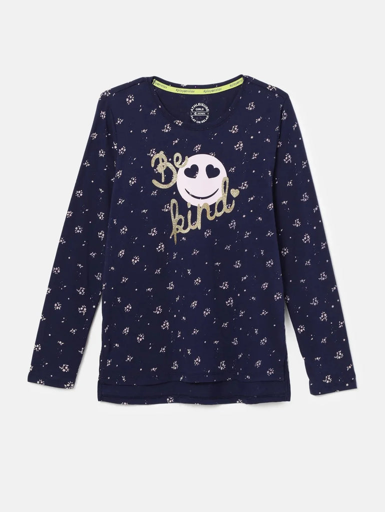 Imperial Blue Printed JOCKEY Girl's Round Neck Hi Low Styled Full Sleeve T-Shirt