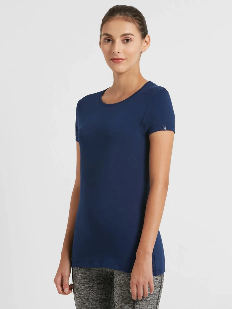 Imperial Blue JOCKEY Women's Regular Fit Solid Round Neck Half Sleeve T-Shirt