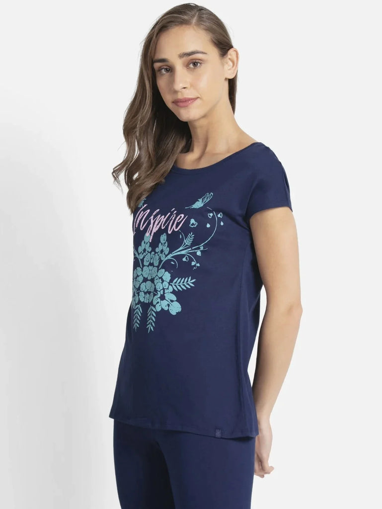 Imperial Blue JOCKEY Women's Yarn Dyed Printed Round Neck Half Sleeve T-Shirt