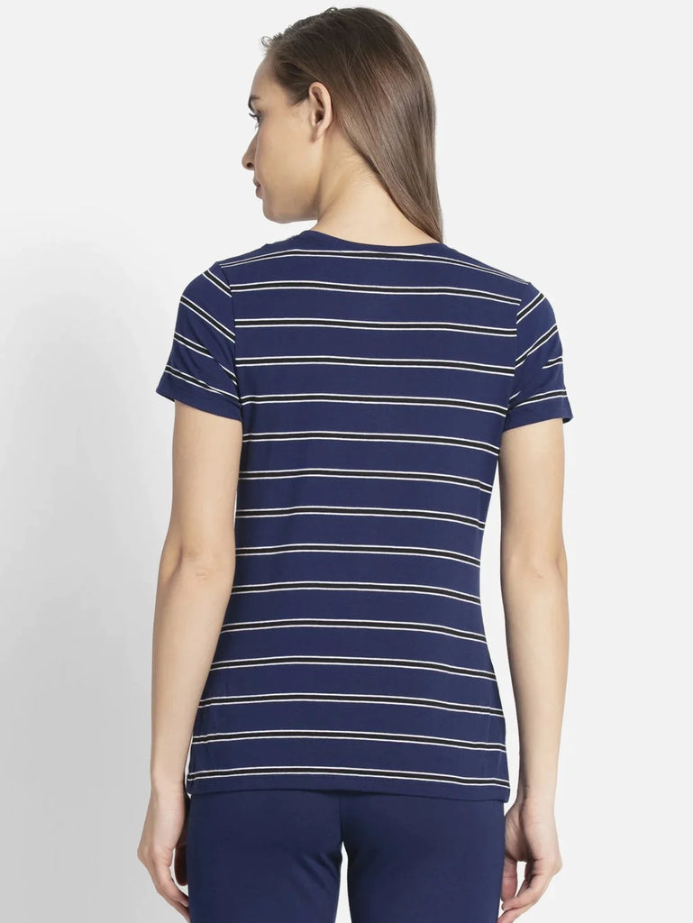 Imperial Blue JOCKEY Women's Yarn Dyed Striped Round Neck Half Sleeve T-Shirt