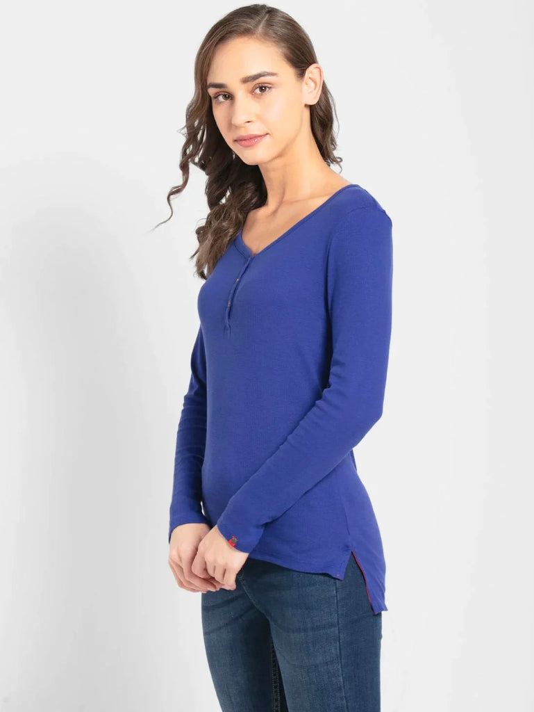 Indigo Crush JOCKEY Women's Solid V Neck Henley Styled Full Sleeve T-Shirt