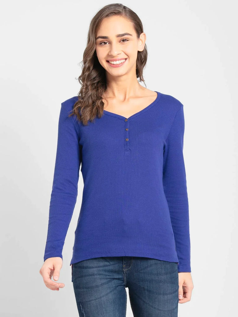 Indigo Crush JOCKEY Women's Solid V Neck Henley Styled Full Sleeve T-Shirt