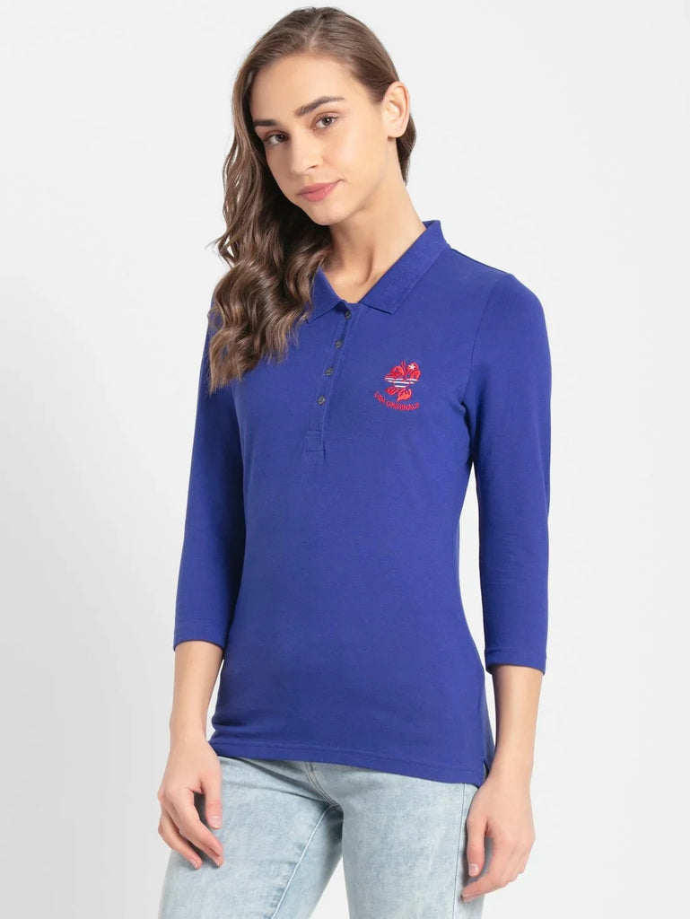 Indigo Crush JOCKEY Women's Regular Fit Three Quarter Sleeve Polo T-Shirt