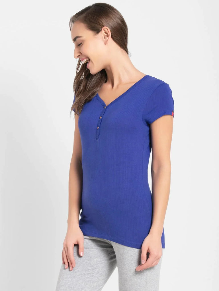 Indigo Crush JOCKEY Women's Solid V Neck Henley Styled Half Sleeve T-Shirt