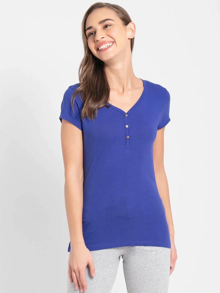 Indigo Crush JOCKEY Women's Solid V Neck Henley Styled Half Sleeve T-Shirt