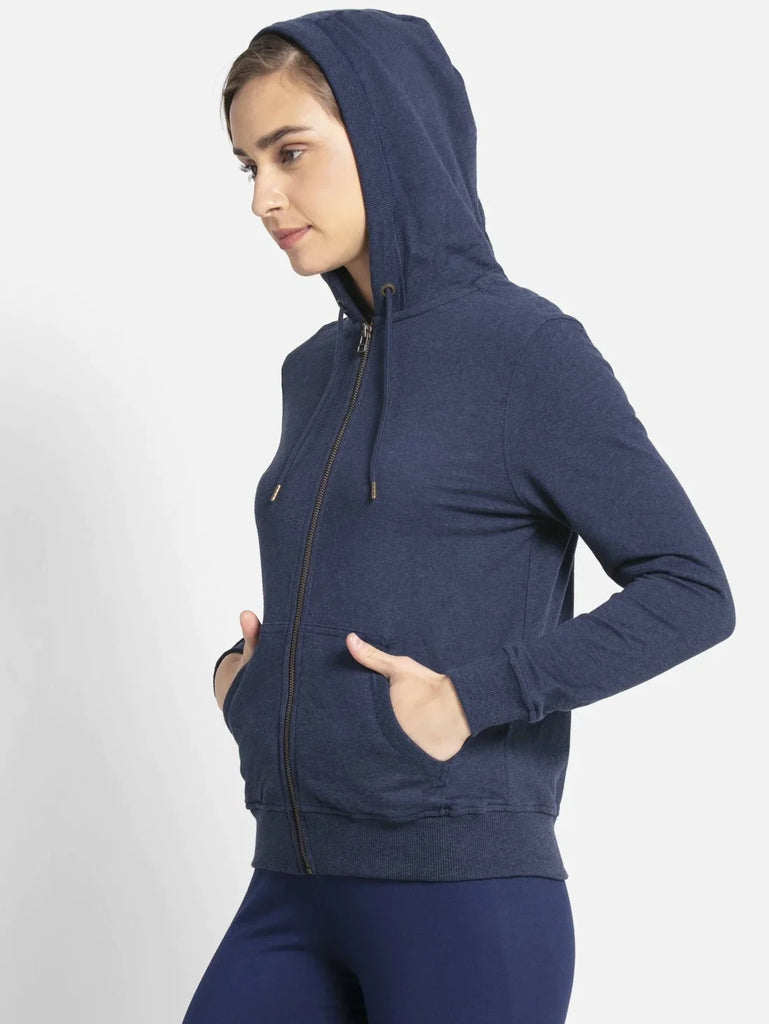 Ink Blue Melange JOCKEY Women's Cotton French Terry Fabric Hoodie Jacket